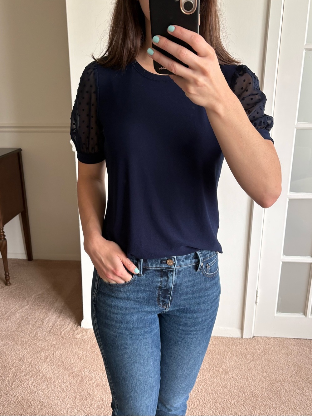 Women’s Navy Puff Sleeve Top with Sheer Dot Sleeves